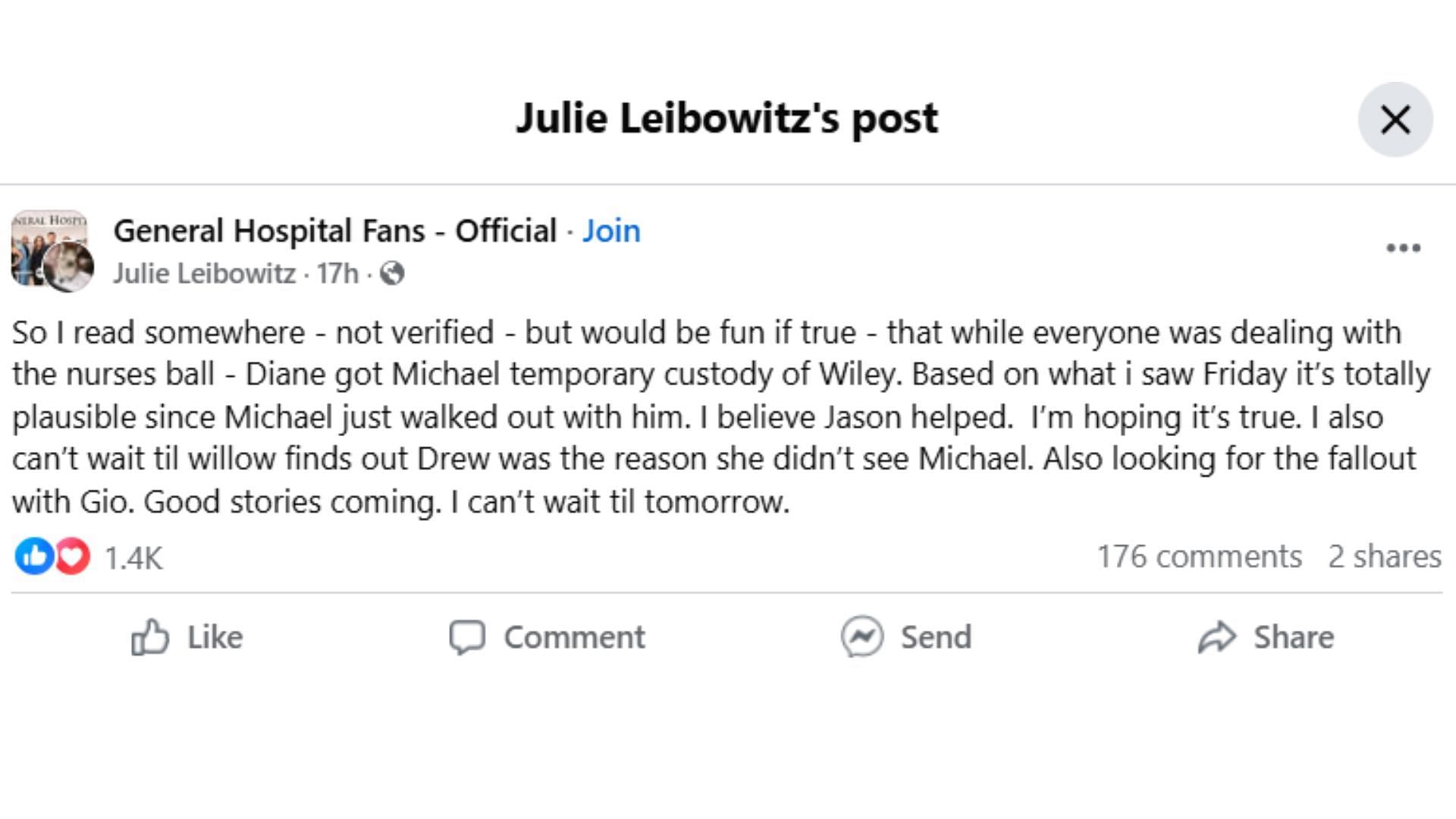 The original post by the fan (Image via Facebook/ @Julie Leibowitz)